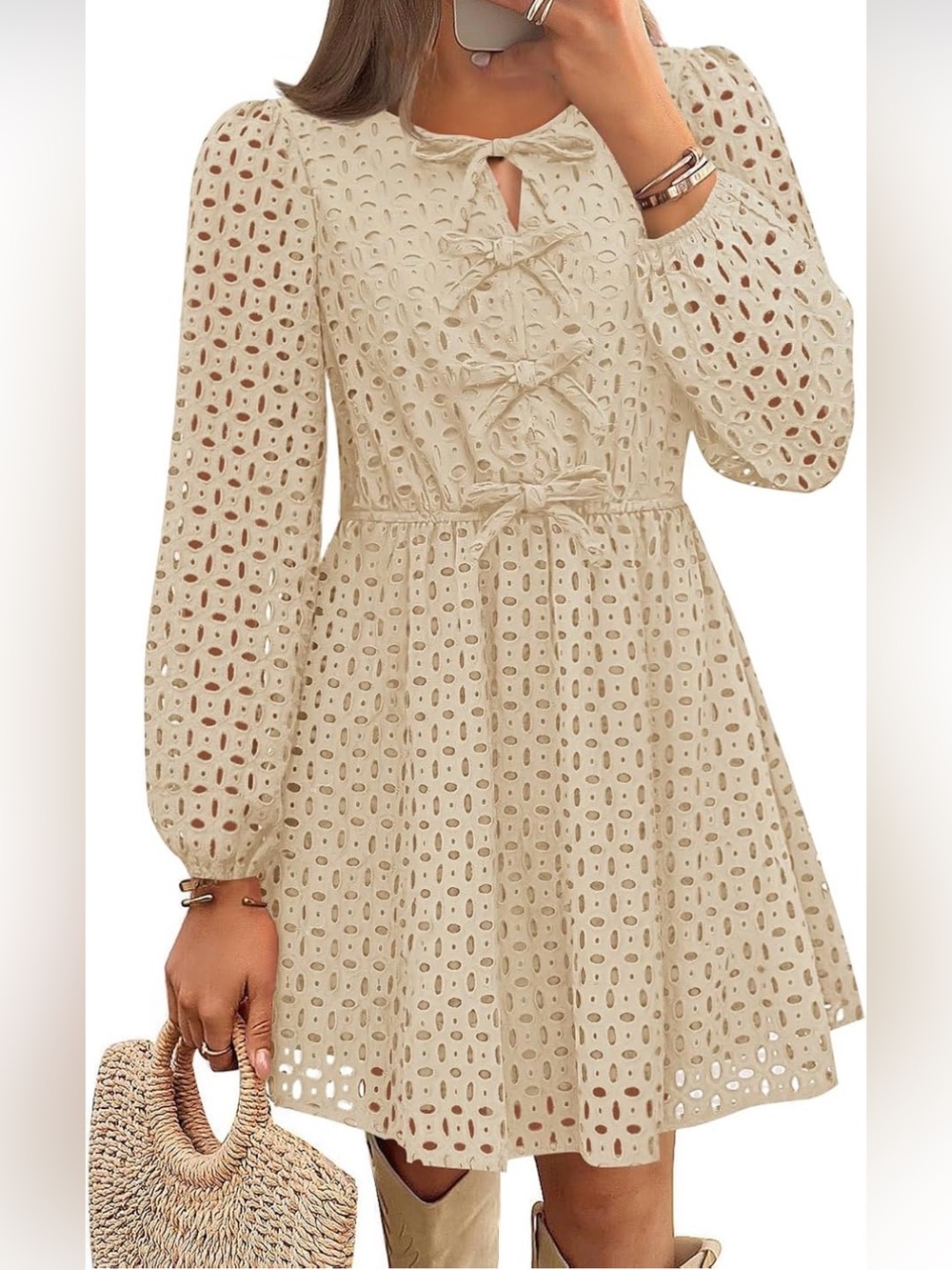 ZESICA Long Sleeve Mini Crewneck Tie Front Hollow Out Eyelet Babydoll Dress med